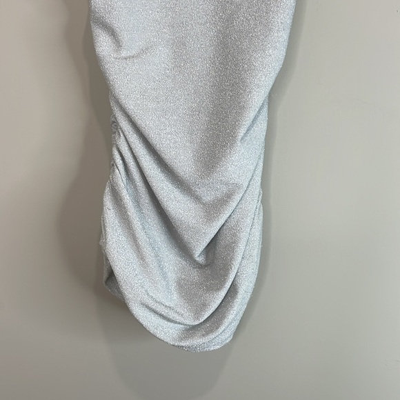 Shein Shimmer Silver Metallic Mini Dress Side Ruched Square Neck Spaghetti XSP - Picture 4 of 11